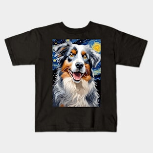 Australian Shepherd Dog Breed Painting in a Van Gogh Starry Night Art Style Kids T-Shirt